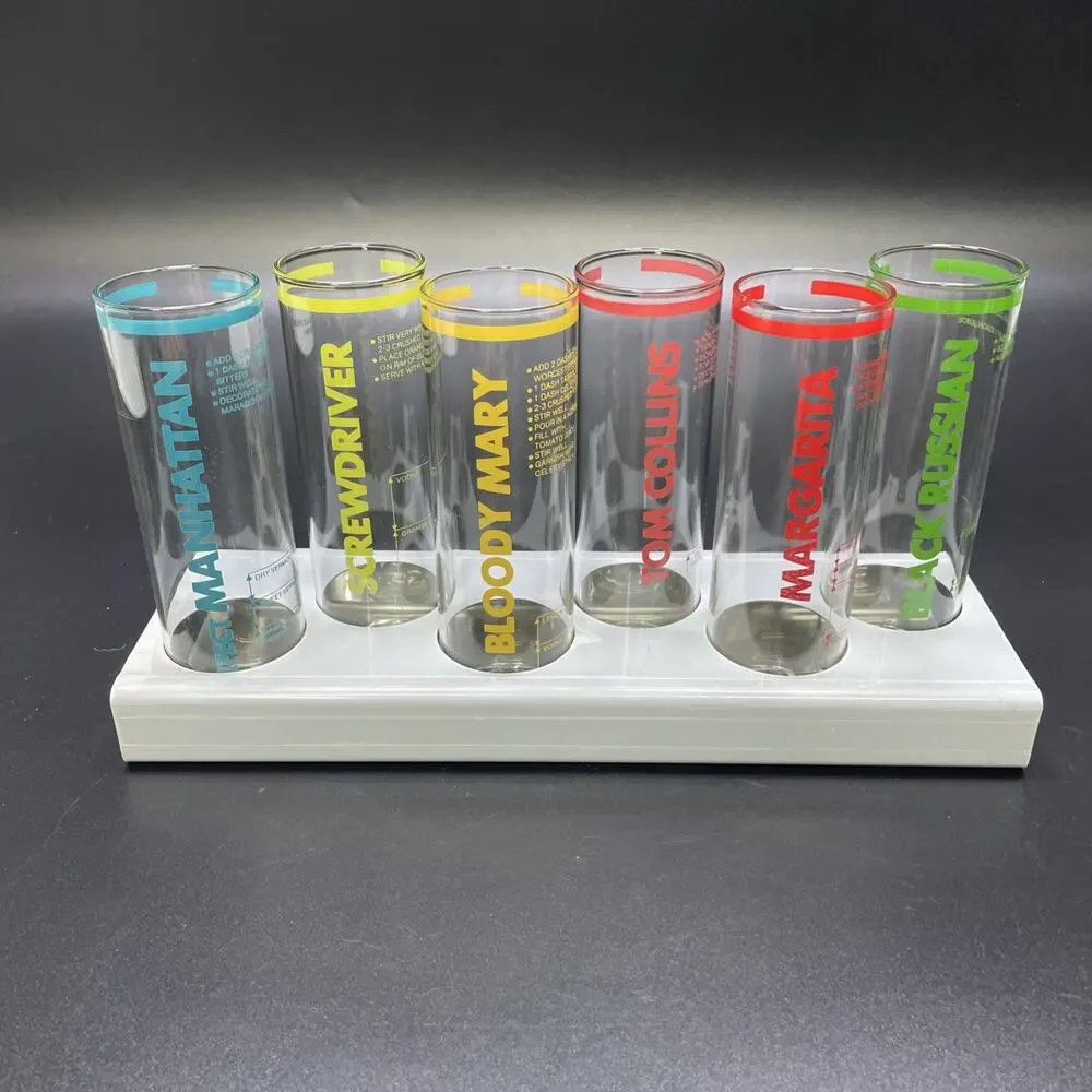 1970s Le Mixes Test Tube Shooter Station 6 Mixers w/Metal Base Holder Barware FR